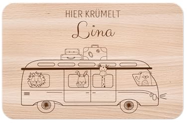 wunderwunsch - Individuelles Holzbrett mit Gravur für Kinder - Personalisiertes Frühstücksbrettchen - Niedliche Motiv-Brettchen mit Namen (Tiere im Bus, 22cm x 14cm x 1cm)
