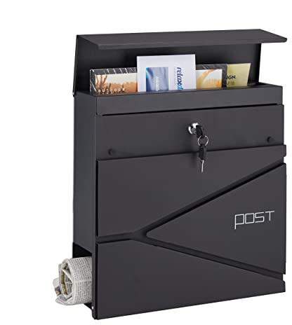 Relaxdays Boîte aux Lettres avec Porte-journaux, 2 clés, Acier, Moderne, Inscription, HLP : 37 x 37 x 11 cm, Noire
