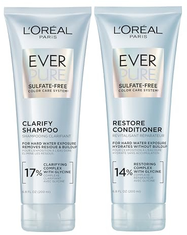 L'Oreal Paris Clarify and Restore Sulfate Free Shampoo and Conditioner Set with Antioxidants for Hard Water Exposure and Styling Build-up, EverPure, 1 Hair Care Kit