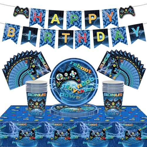54Pcs Blue Party Game Tableware Decorations - Boy Birthday Table Cloth, 7inch Paper Plates, Banner, Paper Napkins - Kids Game Controller Theme Party Favor