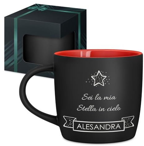 Maverton Tazza da caffè latte o tè in ceramica - 400 ml - Incisione personalizzata - Bicchiere con manico per bevande per Lei - Tazze da colazione per compleanno donna - Interno rosso - cielo