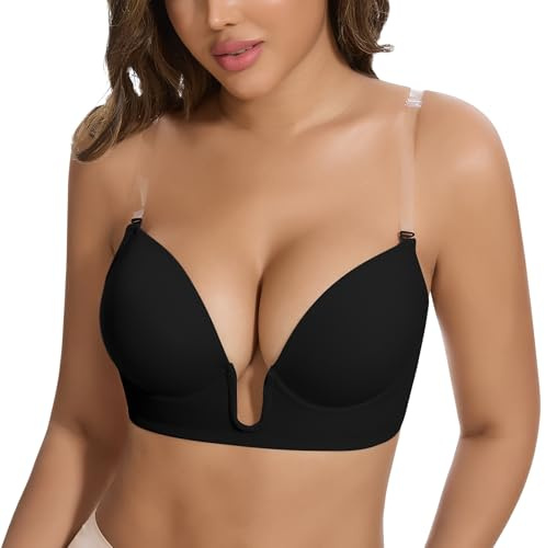 JOYSHAPER Plunge Bras for Women Backless Push Up Low Cut Padded Bras Shaper Convertible with Clear Straps Dress Bra Black 2XL