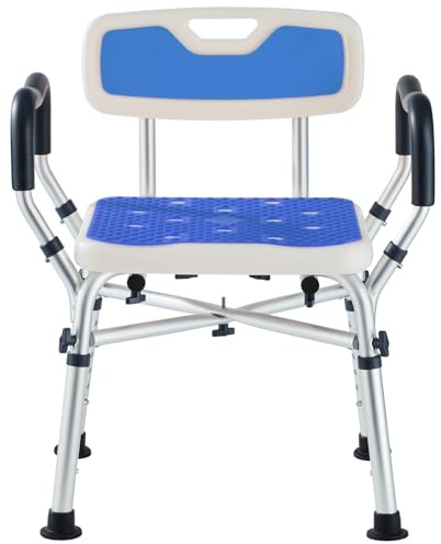 KSITEX Silla de Ducha Mayores-Silla Ducha Ancha y Resistente con Respaldo y reposabrazos, Asiento De Ducha Antideslizante para Baño con Ajuste De Altura en 6 Niveles para Adultos y Personas Mayores