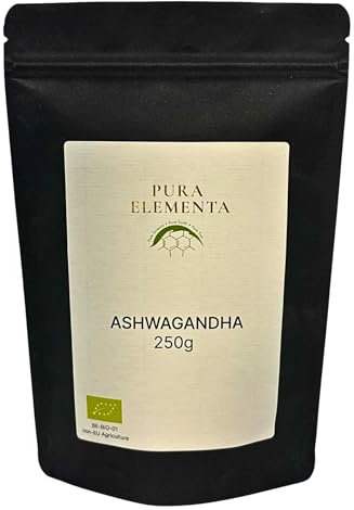 Pura Elementa® Bio Ashwagandha Pulver 250 g – 100% Reines Wurzelpulver, EU-Bio (BE-BIO-01), Ohne Zusätze, Laborgeprüft, 3-lagiger Standbodenbeutel – Volle Transparenz & Rückverfolgbarkeit