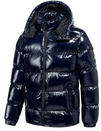 TONY BACKER Giubbotto Giacca Corto Piumino Pesante Invernale Lucido Uomo Antivento Impermeabile con Cappuccio staccabile 2615 (IT, Testo, M, Regular, Regular, NAVY)