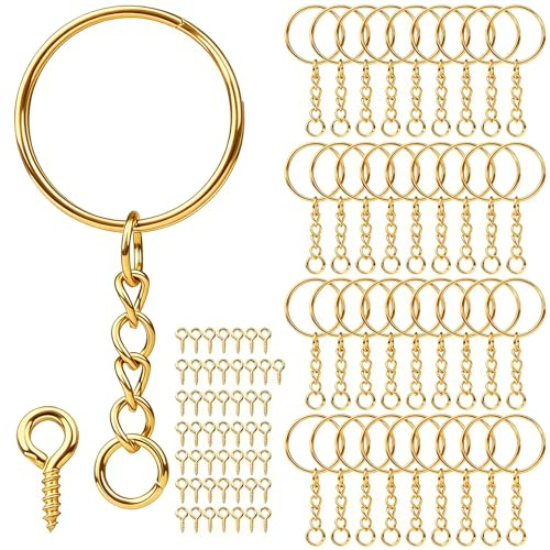 qjuwhua Schlüsselringe mit Kette 50 Set 25mm Schlüsselanhänger Rohlinge Selber Machen Basteln Schlüsselanhänger Ringe Kleine Keychain Metall für Schlüssel DIY Anhänger Schmuckherstellung Gold