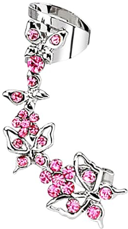 Piersando Tragus Piercing Helix Ohr Cartilage Knorpel Stab Stecker klemme Ear Cuff Fake Ring Schmetterling mit Kristall linkes Pink