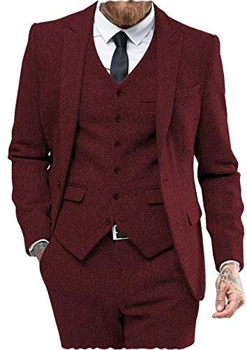 Aesido Klassisk kostym för män normal passform 3 delar ull tweed fiskben företag smoking bröllop brudgum blazer+väst+byxor