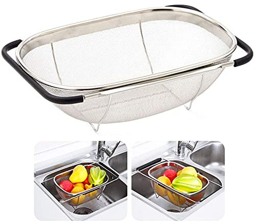 Over The Sink Stainless Steel Oval Colander with Expandable Rubber Grip Handles Strainers, Fine Mesh Strainer Basket Kitchen 6 Quarts Colander for Strain, Drain, Rinse Fruits, Vegetables
