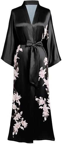 BABEYOND Dam morgonrock kimono blommor gren tryckt maxi lång damer badrock päronblommor strandjacka brud möhippefest sovrock, svart, En Storlek