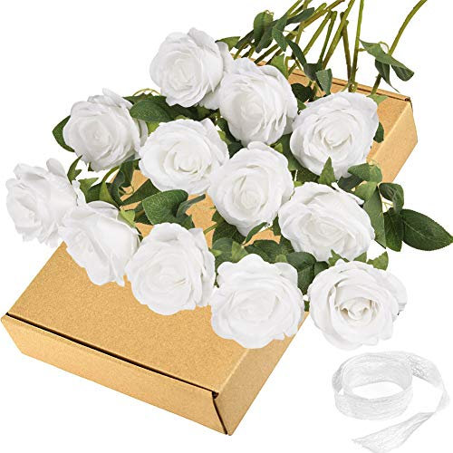 Plobach 12 künstliche Rosen, Seidenrosen, einzelner langer Stiel, künstliche Rosen, Blumenstrauß, realistische Haptik, Blumenarrangement für Hochzeit, Brautdusche, Zuhause, Garten, Dekoration (weiß)