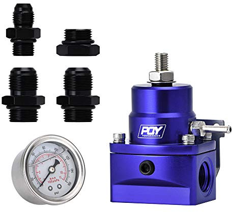 PQY Fuel Pressure Regulator AN8 Feed & AN6 Return Line + 0-160PSI Gauge Set Blue