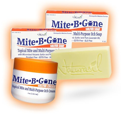 Naturasil Mite-B-Gone Treatment Pack - (1) 4oz Mite Cream + 2 Sulfur Soaps | for Human Mite, Insect & Mosquito Bites Itch | for All Skin Types | Child & Adult Safe