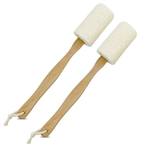 Natural Loofah Back Scrubber, QpenguinBabies Loofah on a Stick with Natural Loofah Sponge Exfoliating Body Sponge Scrubber With Long Wooden Handle Back Brush For Men & Women in Bath Spa Shower, 2 Pack