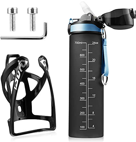 Kapsuen Flaschenhalter Fahrrad Set, Getränkehalter Fahrrad mit 610ml 700ml 750ml Wasserflasche, Schrauben, Leicht Stark Trinkflaschenhalter für MTB, Rennrad (Schwarz, 700ml-schwarz)