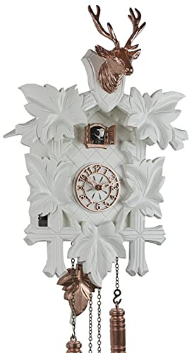 Eble Kuckucksuhr Kuckuckuhr Echtholz NEU batteriebetriebenes Quartzwerk Musik Kuckuckruf Fünflaub Weiß 46cm- 26865