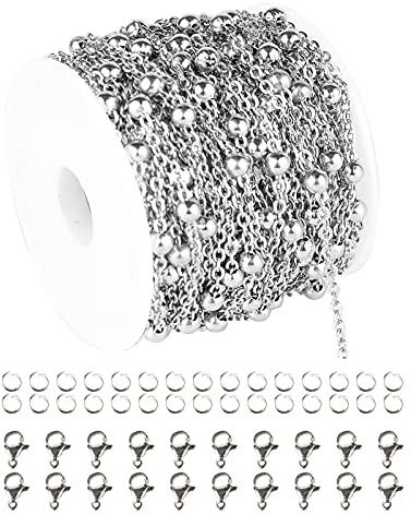 UMAOKANG 32.8 Feet Silver Stainless Steel Chains for Jewelry Making 4mm Ball Beaded Link Cable Chain Necklace Chain Bulk with 20 Lobster Clasps and 30 Jump Rings for Men Women
