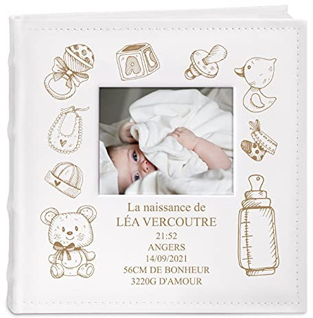 Maverton Album Photo Bebe à Personnaliser - Avec Poche Ouvrable sur la Couverture - Cadeau Noel - Livre de naissance Cadeau d’anniversaire pour Enfants Album Photo 10x15 gravé pour bebe naissance