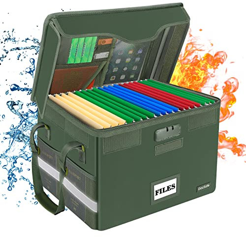 DocSafe Fireproof Document Box with Lock,File Storage Organizer with Mesh Pockets＆Lid,Collapsible Portable File Box Home Office Safe Filing Cabinet with Handle for Hanging Letter/Legal Folder,Green