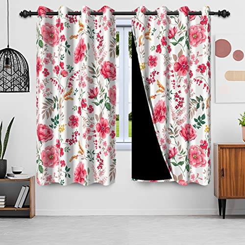 Uiiooazy Rideaux Fleuris Rose, Occultant Feuilles Vert, Thermique et Phonique Isolants Anti Froid et Chaleur, à Oeillets pour Chambre Fenêtre Salon Cuisine, Lot de 2, 107Lx160Hcm