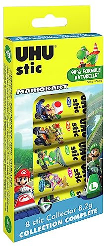 UHU Stic Mario Kart Collector Box - Bastoncini di colla senza solventi, bianco, Mario Kart, confezione da 8 bastoncini da 8,2 g