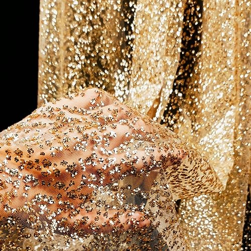 90cm x 140cm Glitzer-Paillettenstoff Tüllstoffe, Bling Tüll Mash Stoffe Tüll Dekostoff für DIY Nähen Bekleidung Tüllrock Hochzeitskleid Schleier Vorhänge Tischdecken Bogen Hochzeit Party Deko,Gold