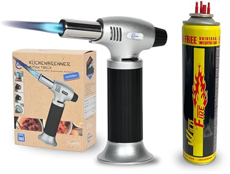 Clearfee Butan flamberare bunsbrännare | inkl. 1 x 300 ml butan påfyllningsgas, max. 1 300 °C, 0,28 KW stark | gastrobrännare, köksbrännare, kök, camping och verkstad, brännartork, gasbrännare gas