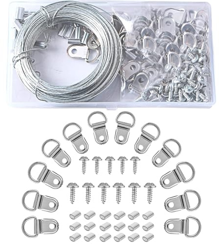 Alambre para colgar cuadros, kit de ganchos de 30 m para colgar cuadros con anillo en D, funda de bucle de crimpado para colgar marcos de fotos, espejo, arte de pared