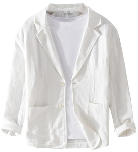 GIBZ Giacca da Uomo in Lino Primavera Estate Giacche da Abito Semplice Versatile e Ampia con Risvolto Dentellato Cappotto Blazer Sportivo a 2 Bottoni con Tasca Bianco S