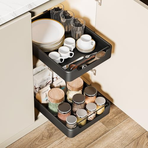 Avmvnvc Teleskopschublade, Ausziehbare Schublade Küche, Ausziehbarer Schrank Organizer Kein Bohren,1 stück Schrank Schubladen für Küchenschrank, Slide Out Drawer 25CM, Schrankauszug Küche, Schwarz