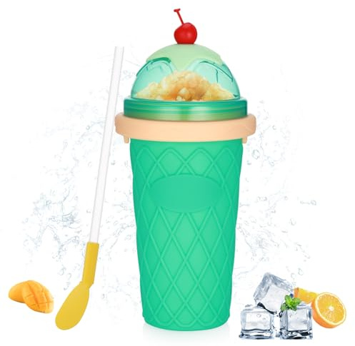 Hejo Für Slushy Maker Becher Silikon Squeeze Slush Becher, Für Slush Ice Maker, Eis Becher, Wiederverwendbarer Eisbecher mit 2-in-1-Strohhalm und Löffel für Familien Outdoor(Hellgrün)
