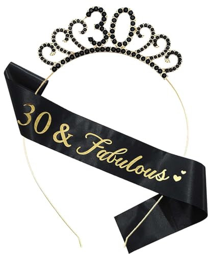 MIOSJI 30th Birthday Sash and Crown Crystal Tiara for Women 30th Birthday Hats Decorations Gift Party Accessories Black Gold