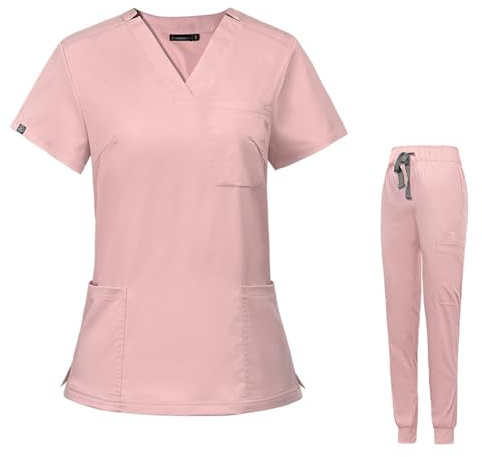 Meichoon Medical Uniforms V-Neck Stretch Scrubs Top Short Sleeve with 3 Pockets Stretch Yoga Jogger Pants Slim Fit Elastic Waistband DK09