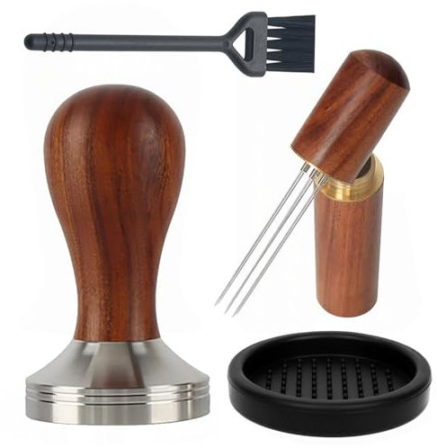 GIONAR 4 Pcs Coffee Tamper Set, 51mm Stainless Steel Tamper Espresso Coffee Mat Flat Base Wooden Handle, Espresso Tamper Mat Kit, Espresso Coffee Accessories for Coffee Shop, Office, Home