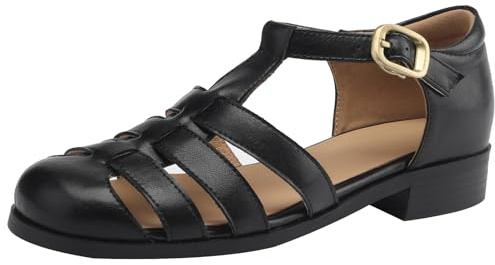 Smilice Sandali da donna vintage chiusi in pelle con punta rotonda e fibbia, Nero , 40 EU