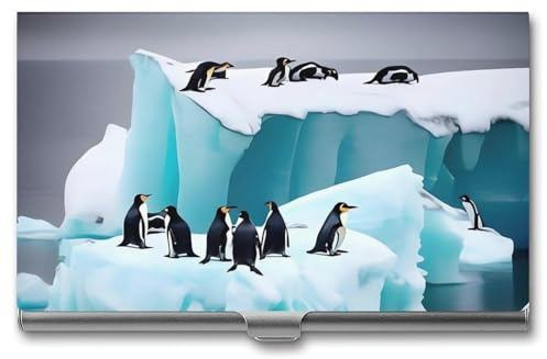 FHECVBN Visitenkartenetui Pinguine auf dem Eisberg bedruckte Tasche Namenskartenetui Slim Metall Visitenkartenorganizer Kreditkartenhalter Schnalle Stil Verschluss für Männer Frauen Agenten Pinguine