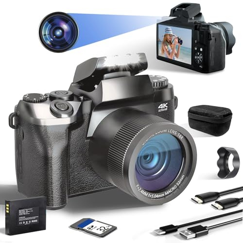 SWE Digitalkamera 4K 64MP Digital Kamera Fotokamera mit 4.0 Touchscreen, Autofokus WiFi Kompaktkamera 16X Digitalzoom Fotoapparat Camera für Einsteiger mit 32G Karte 3000mAh Akku Tasche - Doppellinse