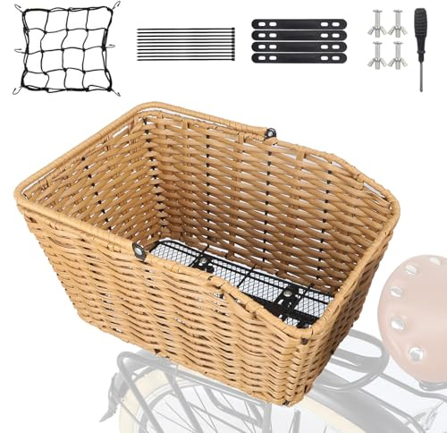 MEGHNA Bike Basket Woven Portable Rear Bicycle Basket with Protection Net Detachable Bike Rack Basket Bike Storage for Rear Rack of Most Kinds of Bike (Wood - with Net)