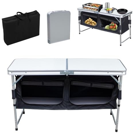 Peviasot Campingküche - Schnell aufbaubare Outdoor-Küche mit Aluminiumgestell, 600D Schwarz | Inkl. Campingmöbel & Küchenbox | Ideal für Camping, Gartenparty, Roadtrips & Outdoor-Kochen