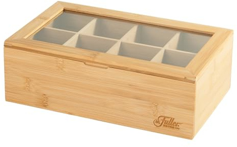 Fuller Bambu tebox organisatör med 8 fack – naturligt bambu teförvaringsfodral med klart akryllock – elegant fylligare tekanna för tepåsar, kaffekapslar, kryddor och mer – hem och kontor