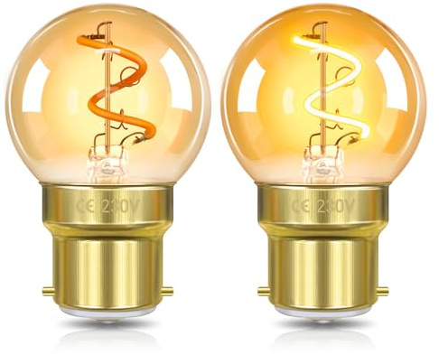 SCNNC G40 B22 Vintage LED Light Bulbs Bayonet Golf Ball 1W 230V Warm White | 2200K, 10W Equivalent, Low Watt G40 Mini Globe LED Amber Night Light Bulb B22 for Chandeliers, Non Dimmable, 2 Pack