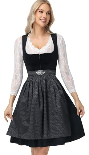 TrendiMax Damen Midi Dirndl - Elegant Samt Dirndlkleid Trachtenkleid für Oktoberfest mit Blumenmuster Schürze 34-46