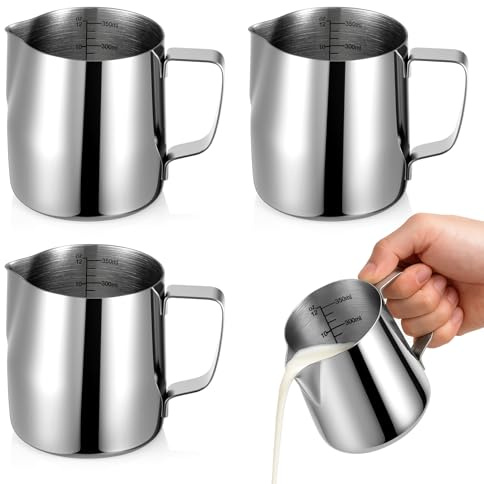 4 Pcs Milk Frothing Pitchers, 12 Oz 304 Stainless Steel Espresso Steaming Pitchers with Measuring Markers, Heat Resistant Rustproof Barista Pitcher Tools for Home, Coffee Shops (Silver)