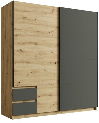 Meublorama Armoire 180cm avec 2 Portes coulissantes et 2 tiroirs Coloris chêne et Gris Anthracite. Collection Arielle