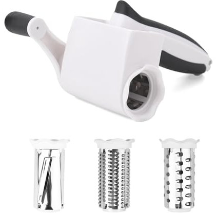 Asaiy Rallador giratorio de queso – Rallador manual de queso con 3 cuchillas de acero inoxidable intercambiables, molinillo de queso de manivela para queso, chocolate, nueces y verduras, fácil de