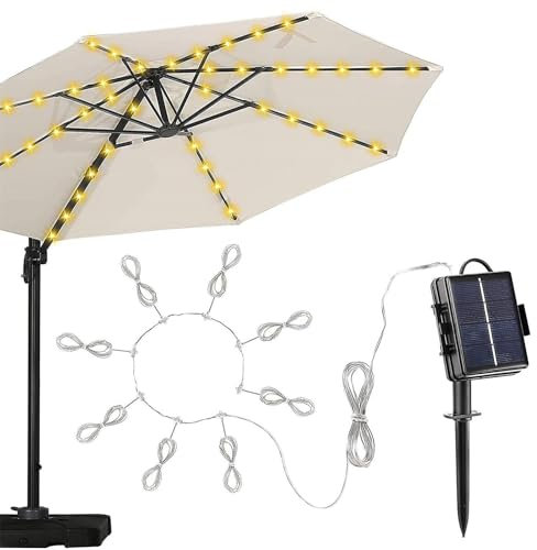 Patio Umbrella Led Lights, 104 LED Parasol String Lights Solar Powered, IP67 Waterproof Multi Function Outdoor Garden Fairy Lamp for Patio Camping Tents Coffee Shop, 8 Lighting Modes, Warm White