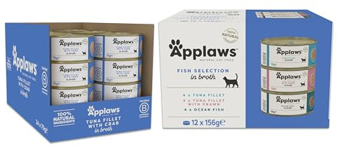 Applaws 100% Natural Cat Food Bundle – Fish Selection (12 x 156g) + Tuna with Crab in Broth (24 x 70g), Premium High-Protein Wet Meals
