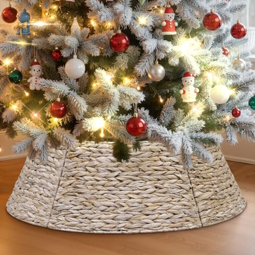 Lanpn Naturel Rotin Collier Sapin Noël 61 cm, Rond Housse de Décorative Cache Base Pied Jupe de Sapin de Noel Vannerie Decorations Christmas Tree Collar pour Petit Mini Arbres Artificiels (Blanc)