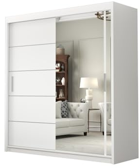 DELUXEWARE Modern Sliding Door Wardrobe – Sleek Matt Finish 2&3 Doors Bedroom Wardrobe with Mirror, Hanging Rail & Shelves | Strong MDF Cabinet for Bedroom Furniture. (White, 203cm)