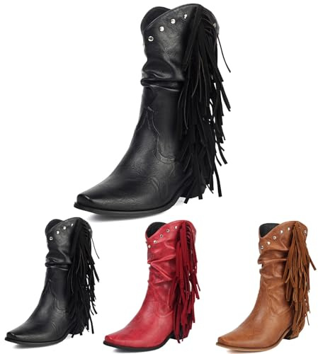 Botas Cortas Con Remaches for Mujer Botas Vaqueras Retro Estilo Western Con Flecos Botines De Cuero De PU Con Tacón Cuadrado Zapatos Sin Cordones Botines Casuales for Primavera/otoño(Black,37 EU)